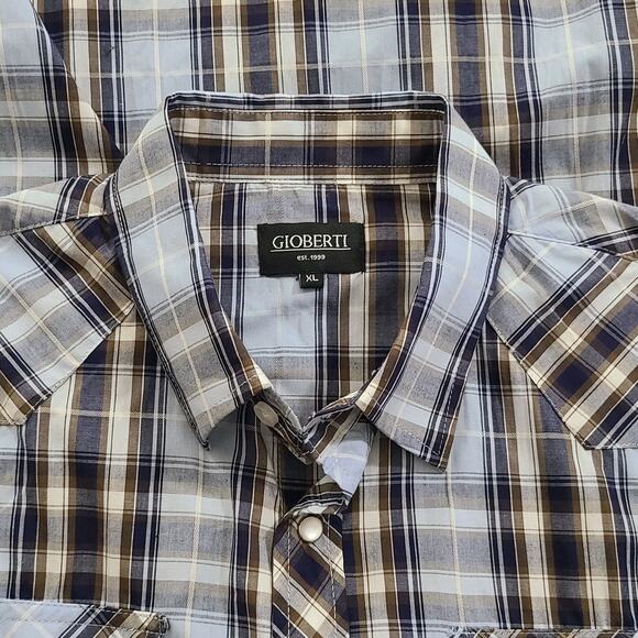Gioberti Men's Short Sleeve Pearl Snap Shirt Blue Black Plaid XL - Picture 5 of 8